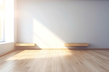 Wall Mural - Blank white wall mockup in a sunlit room with wooden flooring and cast shadows, Generative AI