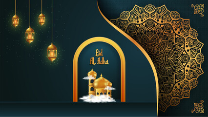 Poster - Islamic greetings Ramadan Kareem card design background with lanterns and crescent moon