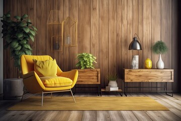 Wall Mural - cozy living room with wooden walls and a pop of yellow in the form of a chair. Generative AI