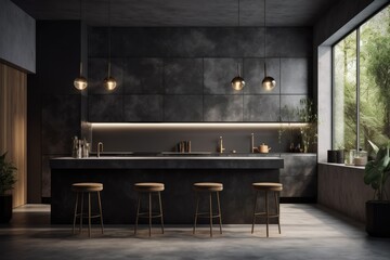 Canvas Print - contemporary kitchen with a bar and stools. Generative AI