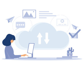 Poster - Cloud software concept, SaaS technology, cloud computing security, cloud based engine, data protection, virtual application, flat vector modern illustration