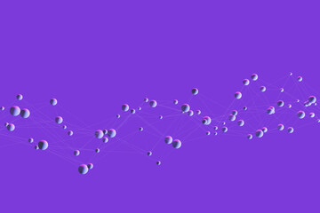 Poster - Scientific background. Structure of molecule. DNA and RNA networks. Round molecules are connected by threads. Purple Scientific background. Place for inscription. Pattern, texture. 3d image