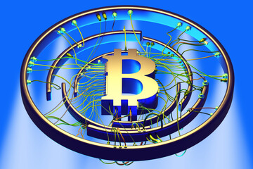 Aufkleber - bitcoin technology. btc logo with wires. bitcoin symbol on blue. investment in cryptocurrency. tradi