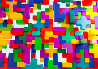 Poster - Children toy brick. Multicolored background. Texture from colorful blocks. Toy blocks for children. Children backdrop. Volumetric colorful blocks. Toy brick texture. Multicolored pattern. 3d image