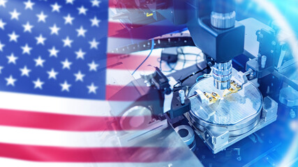 Poster - Microchip manufacturing in USA. Machine for creating microprocessors. PCB manufacturing in USA. Made in America. Equipment for production of microprocessors. High tech industry. Digital boards