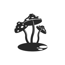 Fantasy Amanita Mushrooms Isolated On White Background, Composition Of Three Mushrooms, Cartoon Black And White Illustration In Negative Space Minimal Style.