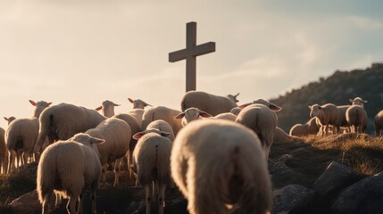 Wall Mural - flock of sheep looking at the cross of Jesus, christian concept, generative ai