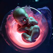 A surreal illustration depicting a fictional view from inside the womb of a human baby at 8 months gestation, showing the fully-formed fetus surrounded by amniotic fluid. Generated AI
