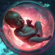 A surreal illustration depicting a fictional view from inside the womb of a human baby at 8 months gestation, showing the fully-formed fetus surrounded by amniotic fluid. Generated AI