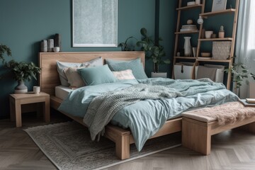 Poster - cozy bedroom with a spacious bed and rustic wooden furniture. Generative AI