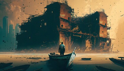 Wall Mural - man on a boat floating in the sea against abandoned buildings, illustration painting, Generative AI