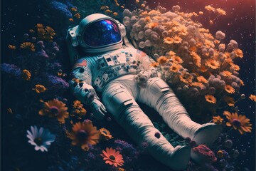 Astronaut laying in the colorful flower garden with top view. Concept of the relaxation in space cinematic fantasy dark light. Finest generative AI.