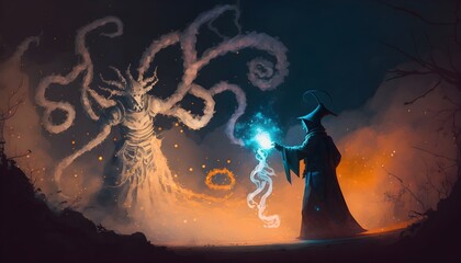 Wall Mural - magician summoning ghostly demon, sorcerer casts a spell with his wand, Generative AI