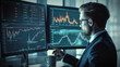 © photobuay - Generative Ai. Businessman Analyzing Investment Strategies Through Multiple Graphs on Screen