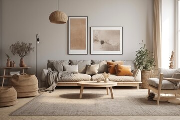 Canvas Print - cozy living room with stylish furniture and decorations. Generative AI