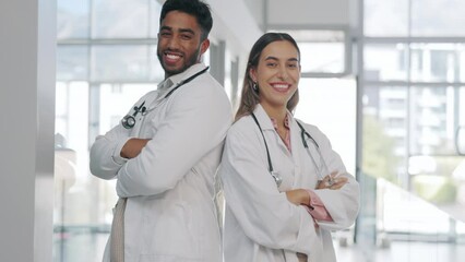 Poster - Doctor, team and healthcare, face with smile and arms crossed with confidence in hospital and professional medical group. Portrait, diversity and happy people working in medicine, health and teamwork