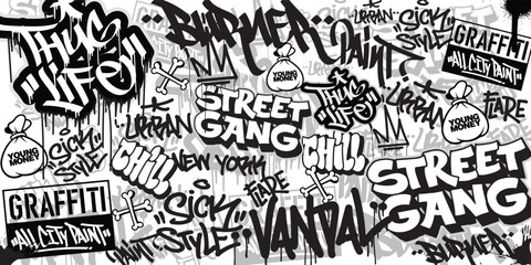 Wall Mural - Graffiti background with throw-up and tagging hand-drawn style. Street art graffiti urban theme for prints, banners, and textiles in vector format.