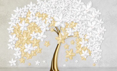 3d wallpaper abstract floral tree background with white and golden flowers. Mural for interior home wall decor
