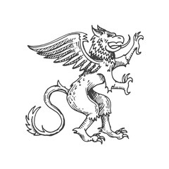 Poster - Griffin or gryphon medieval heraldic animal sketch. Legend griffin, fantasy creature or mythology beast royal etching vector emblem. Magic animal coat of arms, engraved medieval heraldic insignia