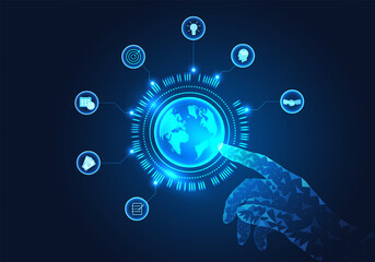 Poster - Businessman finger pointing at the globe with icon It means that business people work through smart technology systems. I wish the business to progress quickly. can lead the business