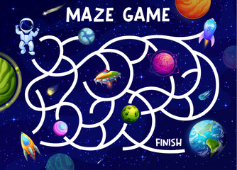 Poster - Space labyrinth maze help to astronaut find rocket and Earth planet. Kids game puzzle vector worksheet of cartoon galaxy map with tangled ways from spaceman to planets, UFO, spaceship and asteroid