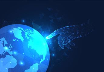 Poster - Businessman's finger is pointing at the earth It means that business people work through the system of smart technology. Let the company progress quickly. Able to beat business rivals