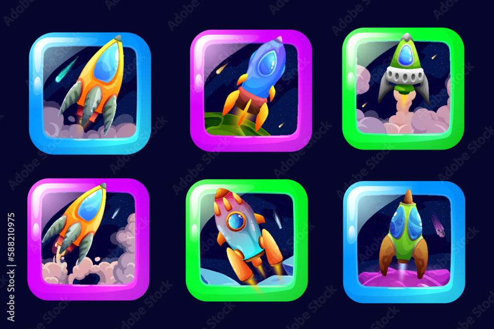 Cartoon space game app, spaceship and starcraft icons, galaxy adventure ...