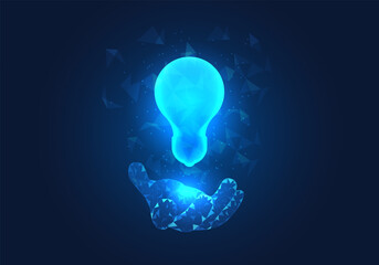 Poster - Businessman hands stand out with light bulbs. Refers to business people coming up with new ideas for the company or ideas for solving problems that arise in the company.