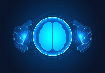 Poster - Two hands embracing the technology of artificial intelligence Refers to people who feed data to the AI system to process and work with humans. It saves time and business budget.
