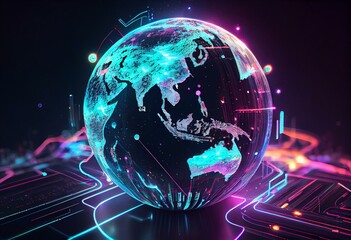 Metaverse digital world cyber space 3D rendering background, neon colorful global world in cyber space, future energy power technology and internet connection concept. Generative AI