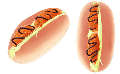 イラスト素材・コロッケコッペパン2種セット コロッケ&キャベツサンド 白背景 色違い・差分あり