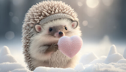 Wall Mural - Cute small hedgehog with small pink heart in snow winter hat. Valentines day concept. Generative AI