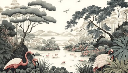 Wallpaper vintage jungle pattern with birds flamingo in forest trees on the lake with of white background, Generative AI