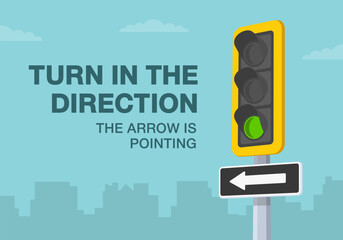 Safe driving tips and traffic regulation rules. Turn in the direction the arrow is pointing. Close-up of traffic signal and one-way sign. Flat vector illustration template. 