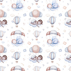  Watercolor newborn baby boy seamless pattern babies boy. Birthday blue background teepee new born baby and pregrand women