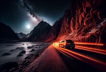 Against The Sea At The Foot Of The Mountains At Night The Road Trailing Car Tail Lights Under A Beautiful Starry Sky, AI Generated. Generative AI