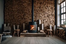 Cozy Living Room With A Wood Burning Stove As The Focal Point. Generative AI