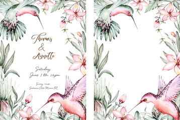 Wall Mural - Tropical watercolor birds hummingbird, monkey and jaguar, exotic jungle plants palm banana leaves flowers, flamingo baby shower wedding invitation background