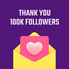 Poster - Thank you 100k followers love letter email envelope social media post design template vector