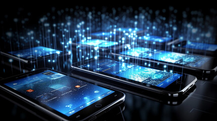 tablet computer PC and modern touchscreen smartphones or mobile phone gadgets with internet applications and web apps. Generated AI