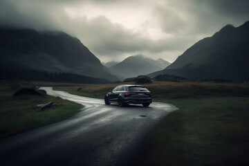  A black car on the road against the backdrop of a beautiful rural landscape with copy space