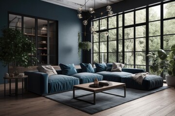 Wall Mural - Illustration of living room interior with large window and modern furniture. Generative AI