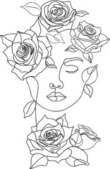 Wall Mural - Line art girl face with roses