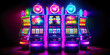 Casino slots machines ready to play in dark room. Postproducted generative AI illustration.