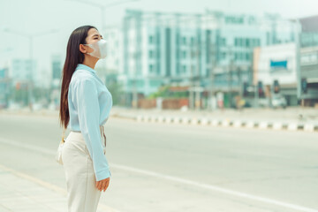 asian women wearing protection mask feels headaches and cough due to air pollution pm 2.5 air pollut