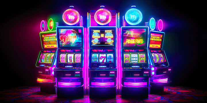 Wall Mural -  - Casino slots machines ready to play in dark room. Postproducted generative AI illustration.