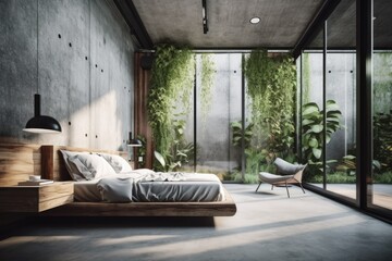 Sticker - bedroom with a lush plant wall and cozy bed. Generative AI