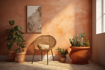 Wall Mural - cozy interior with potted plants and a wicker chair. Generative AI