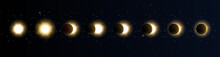 Solar Eclipse In Different Phases. Cosmos With Moon And Sun In Total And Partial Solar Eclipse And Stars Isolated On Transparent Background, Vector Realistic Illustration