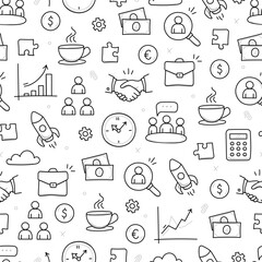 Business job icon doodle seamless pattern background. Business teamwork, office, career concept doodle line sketch style pattern with money, rocket, calculator element. Vector illustration